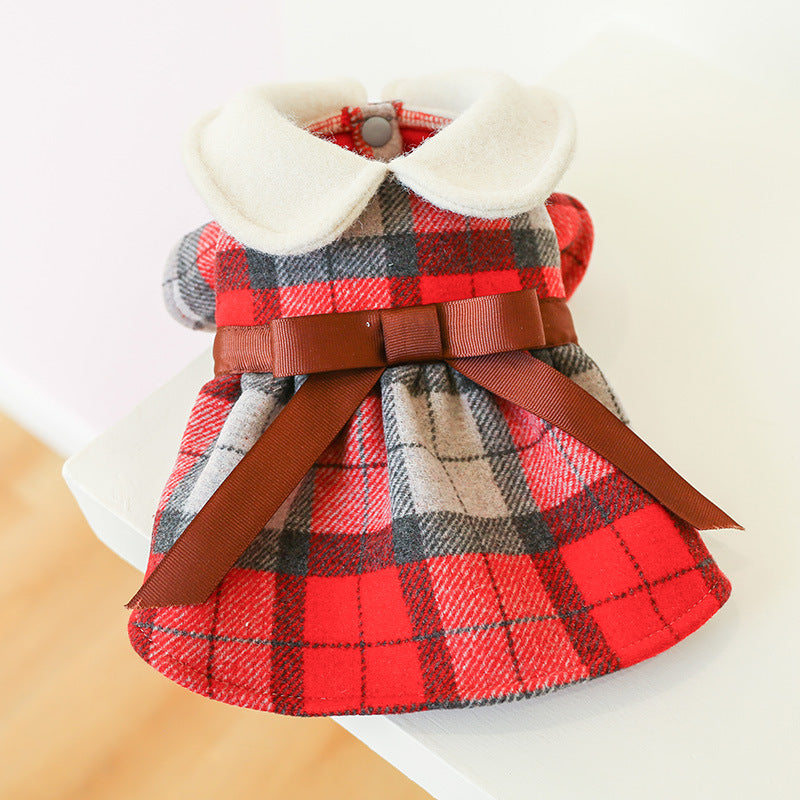 Brown Bow Red Plaid Elegant Dress Beautiful Princess Dress for Pets Party Wear-0